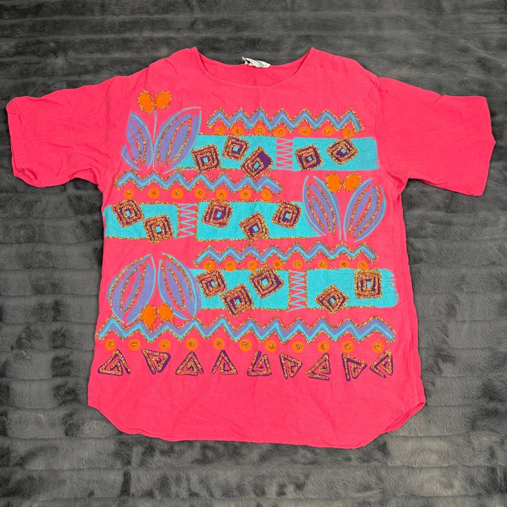 Vintage Joanna Pink Beaded Graphic T-Shirt Cotton Made in USA Medium 26370